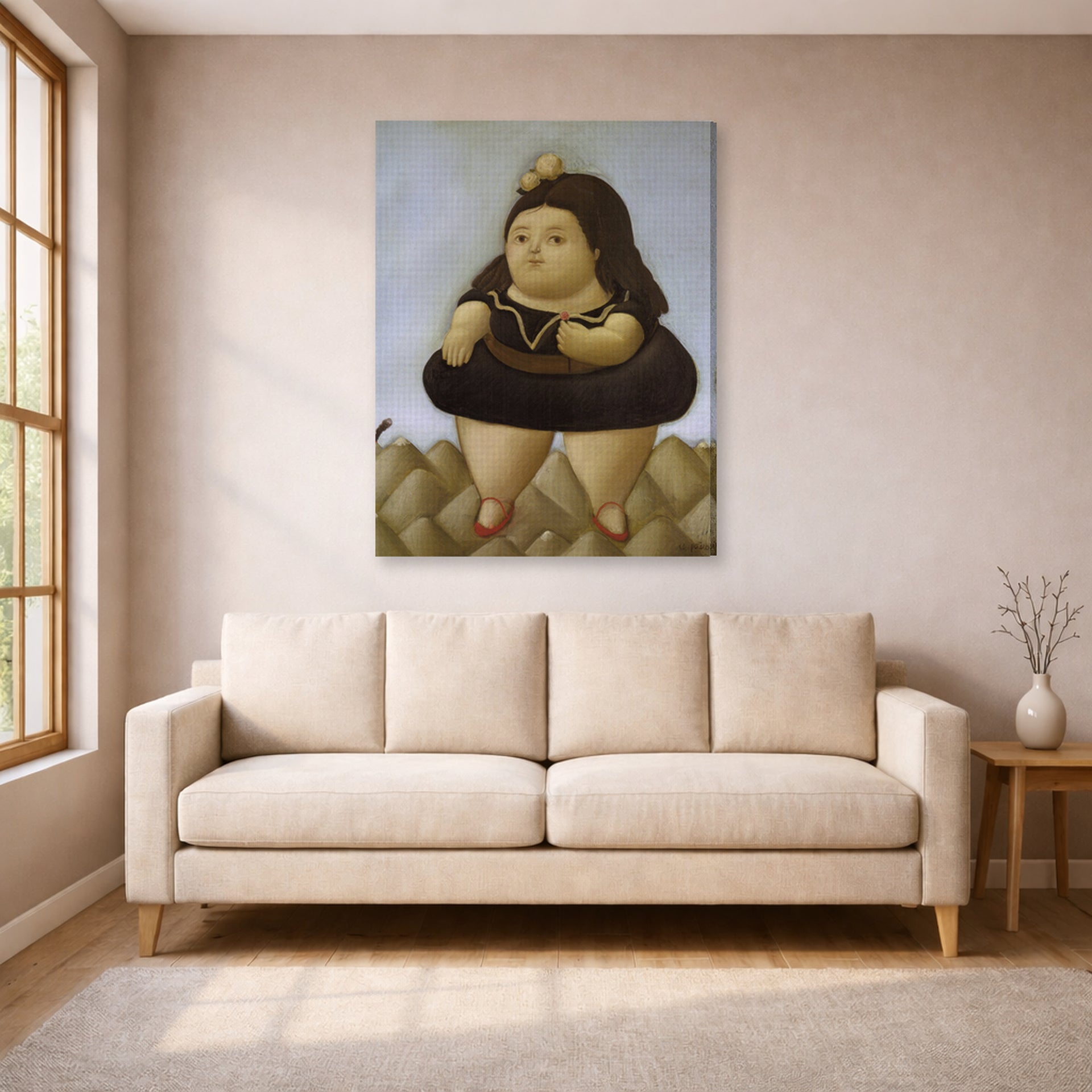 Gallery-wrapped canvas print of Fernando Botero's Tour of the Volcano displayed on a wall in a living room