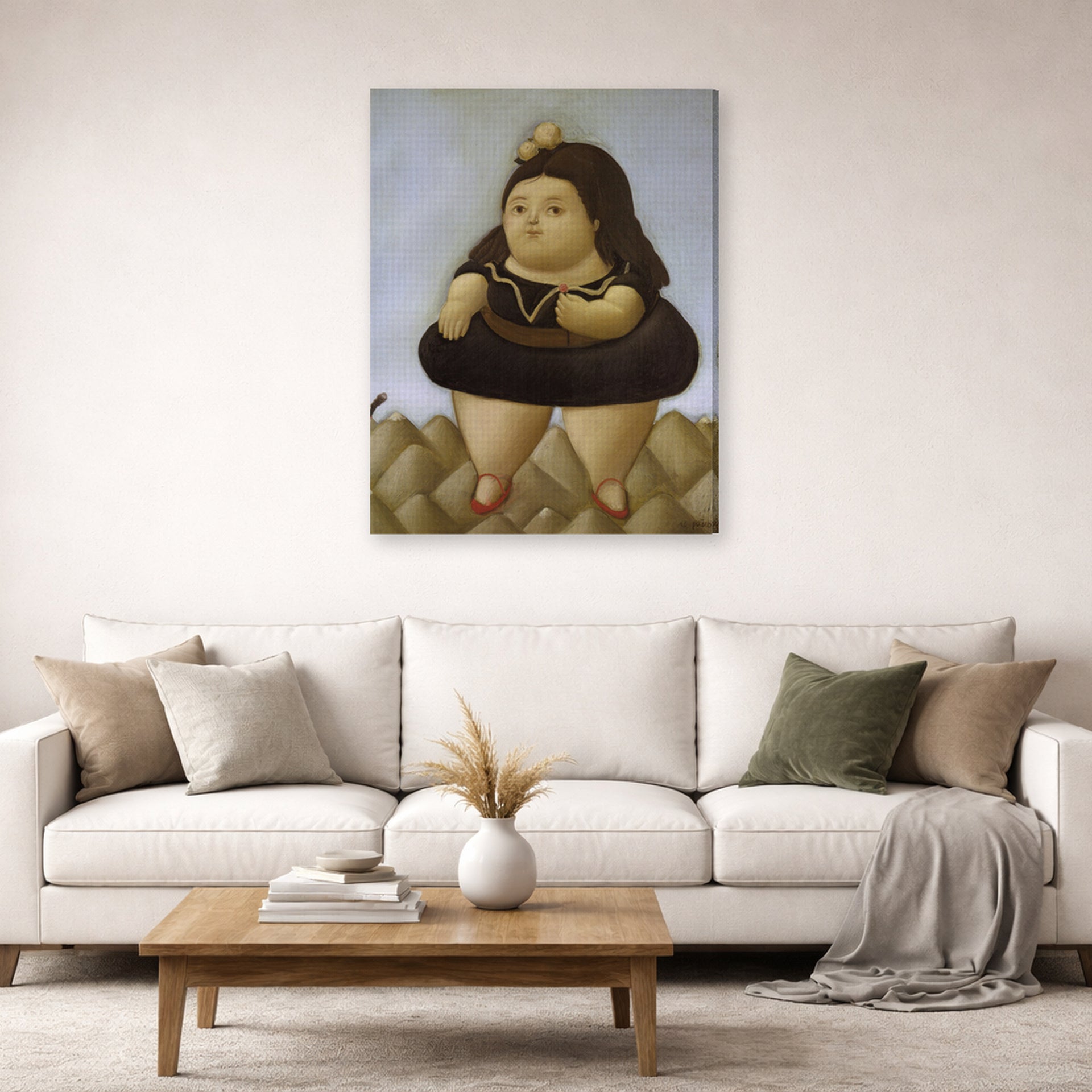 Gallery-wrapped canvas print of Fernando Botero's Tour of the Volcano displayed on a wall in a living room