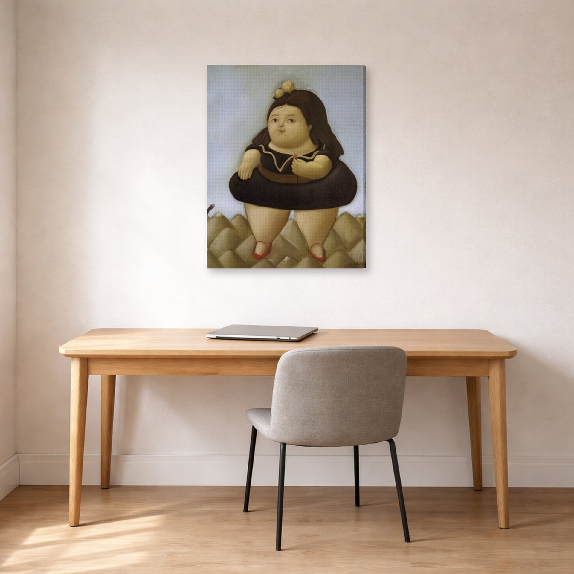 Gallery-wrapped canvas print of Fernando Botero's Tour of the Volcano displayed on a wall in a home office