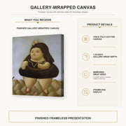 Fernando Botero - Tour of the Volcano gallery wrap canvas construction and hanging details infographic