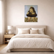 Unframed poster print of Fernando Botero's Tour of the Volcano displayed on a wall in a bedroom