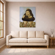 Unframed poster print of Fernando Botero's Tour of the Volcano displayed on a wall in a living room