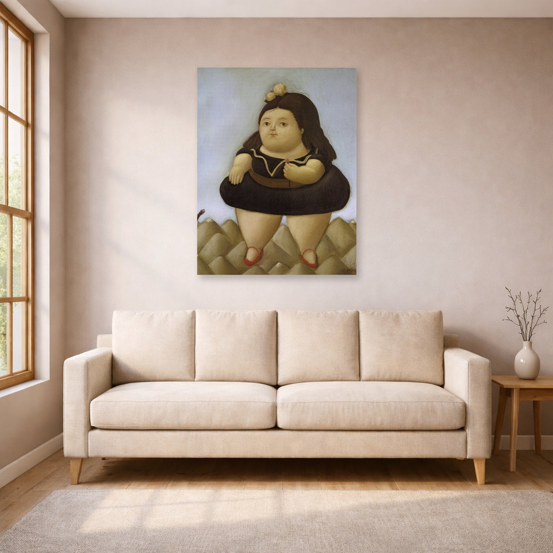 Unframed poster print of Fernando Botero's Tour of the Volcano displayed on a wall in a living room