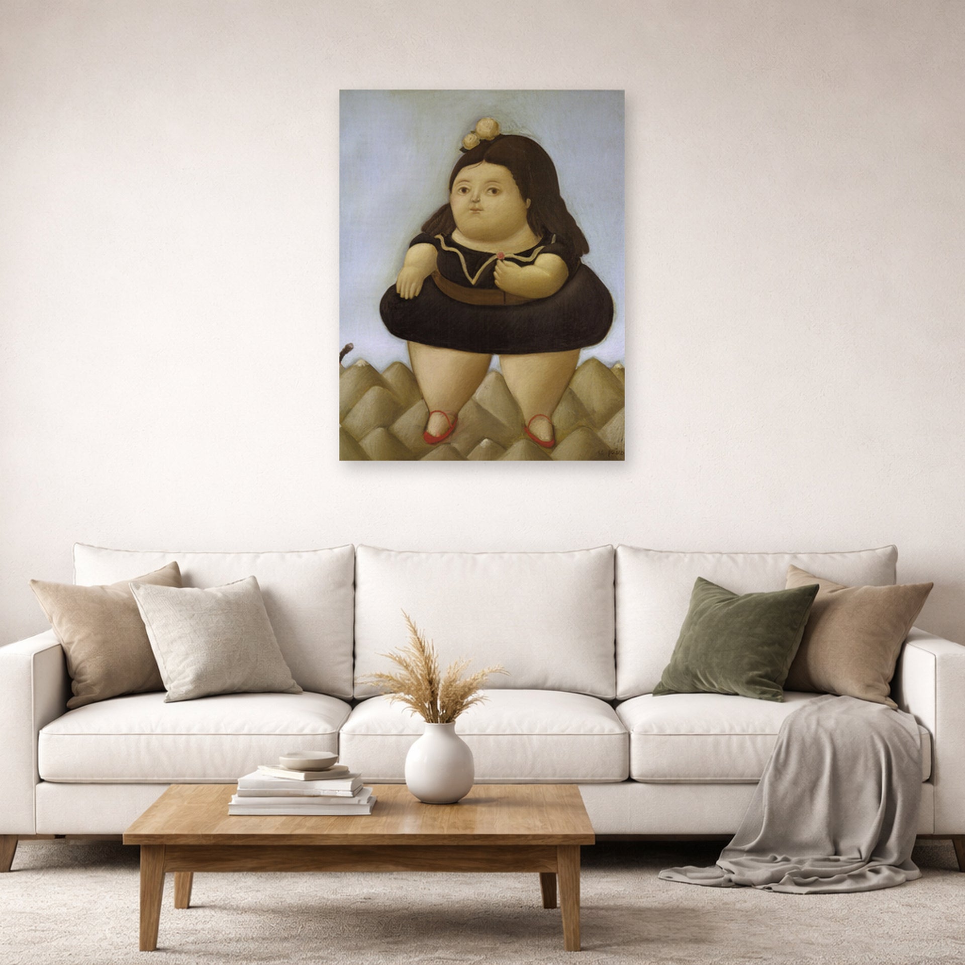 Unframed poster print of Fernando Botero's Tour of the Volcano displayed on a wall in a living room