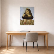 Unframed poster print of Fernando Botero's Tour of the Volcano displayed on a wall in a home office