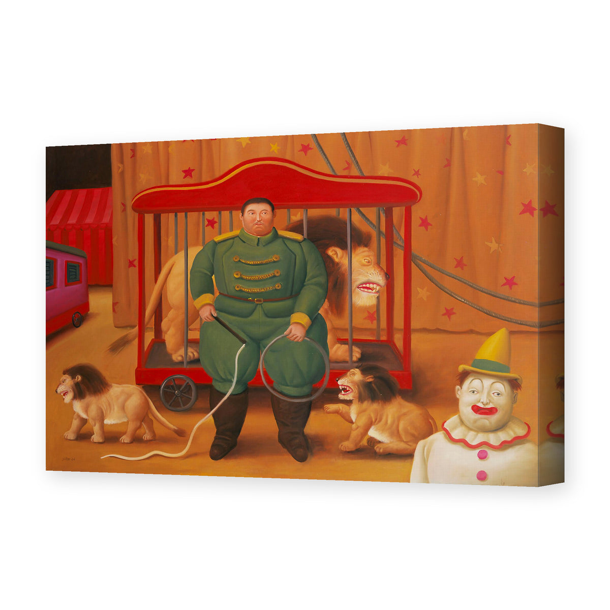Fernando Botero's 'Trainer with Baby Lions' painting reproduced as a gallery-wrapped canvas print