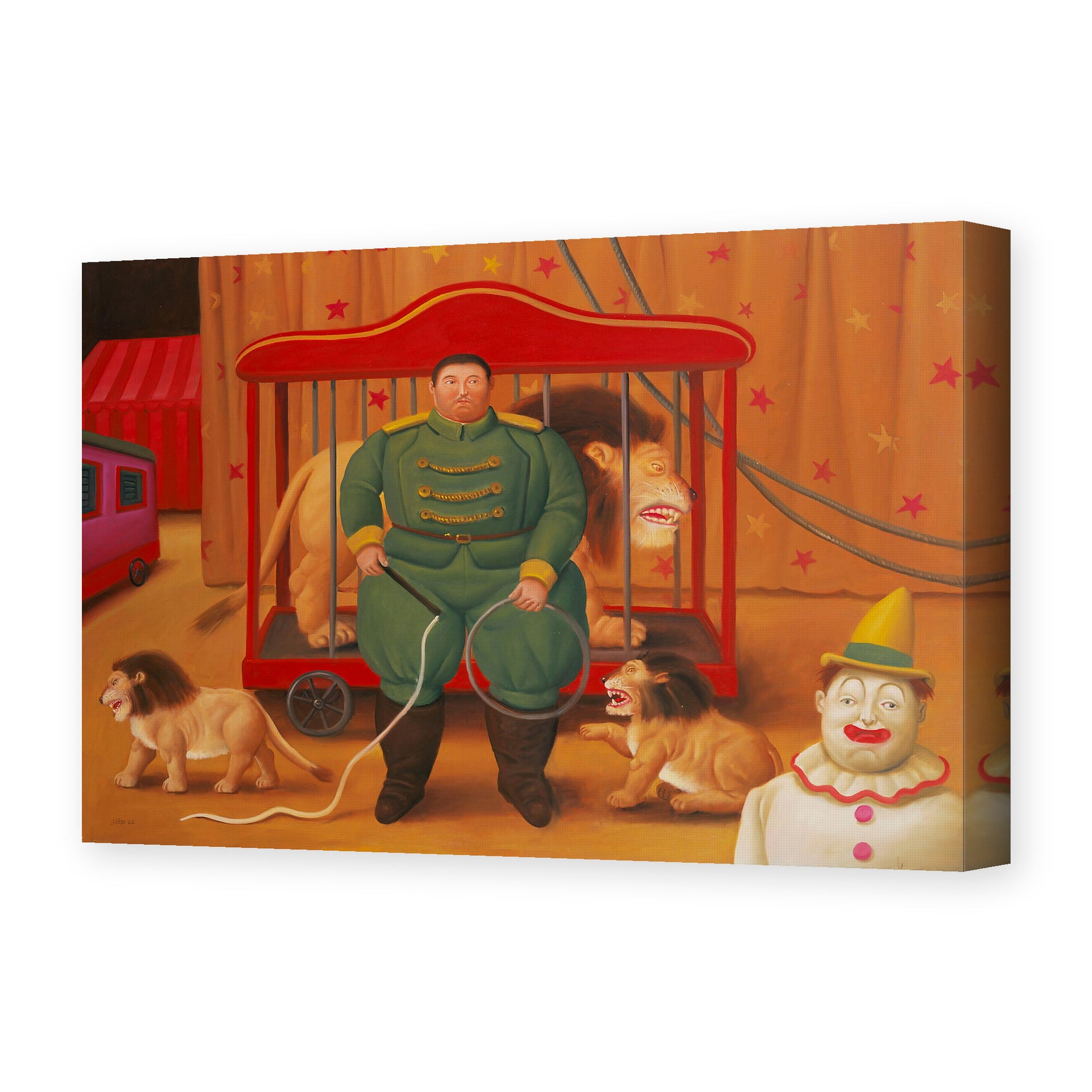 Fernando Botero's 'Trainer with Baby Lions' painting reproduced as a gallery-wrapped canvas print