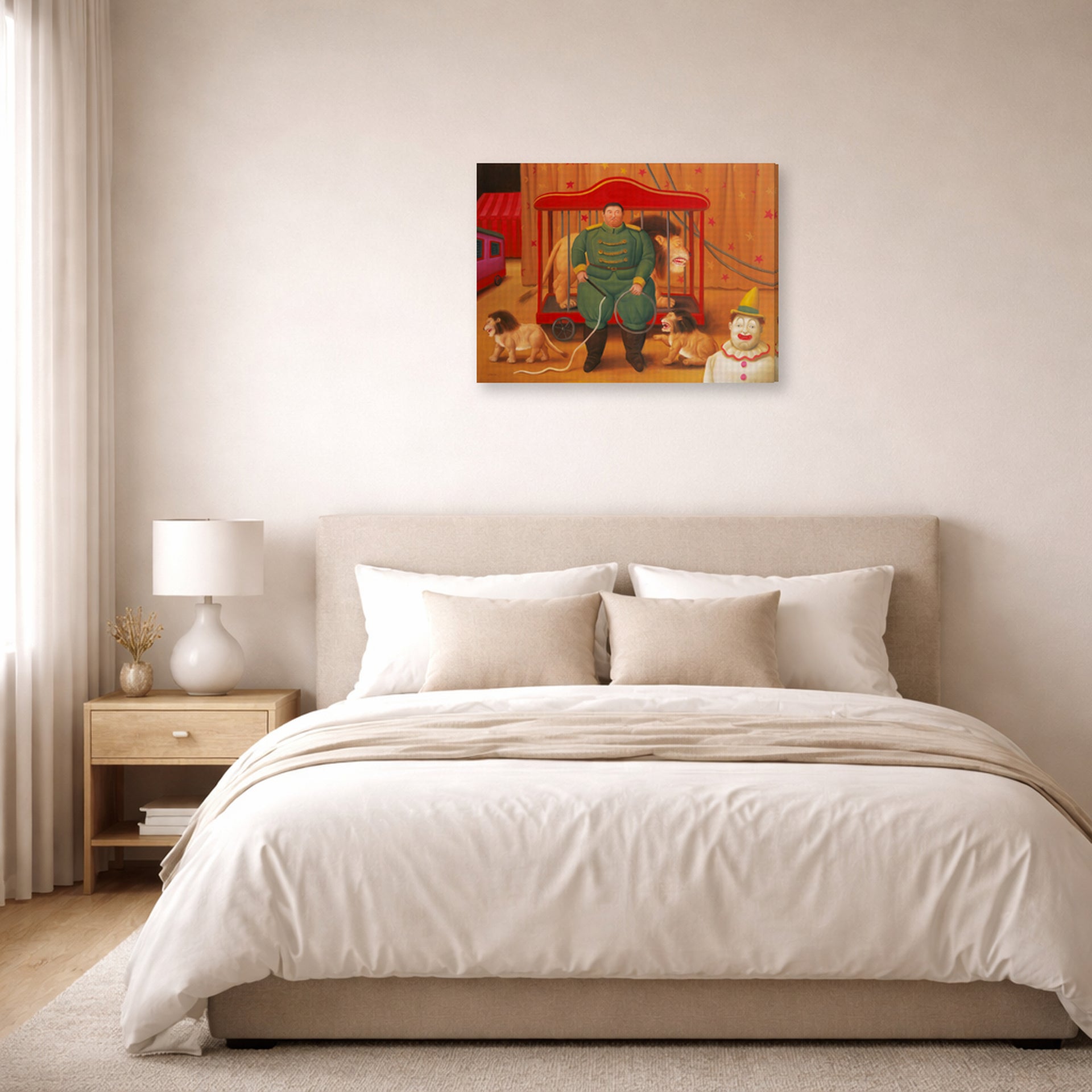 Gallery-wrapped canvas print of Fernando Botero's Trainer with Baby Lions displayed on a wall in a bedroom