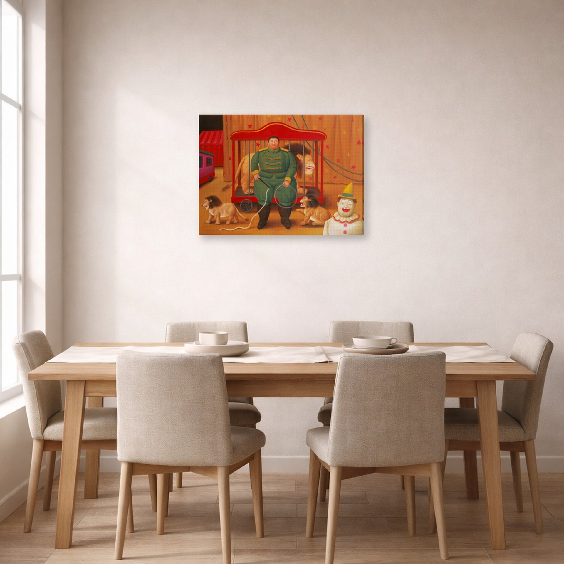 Gallery-wrapped canvas print of Fernando Botero's Trainer with Baby Lions displayed on a wall in a dining room