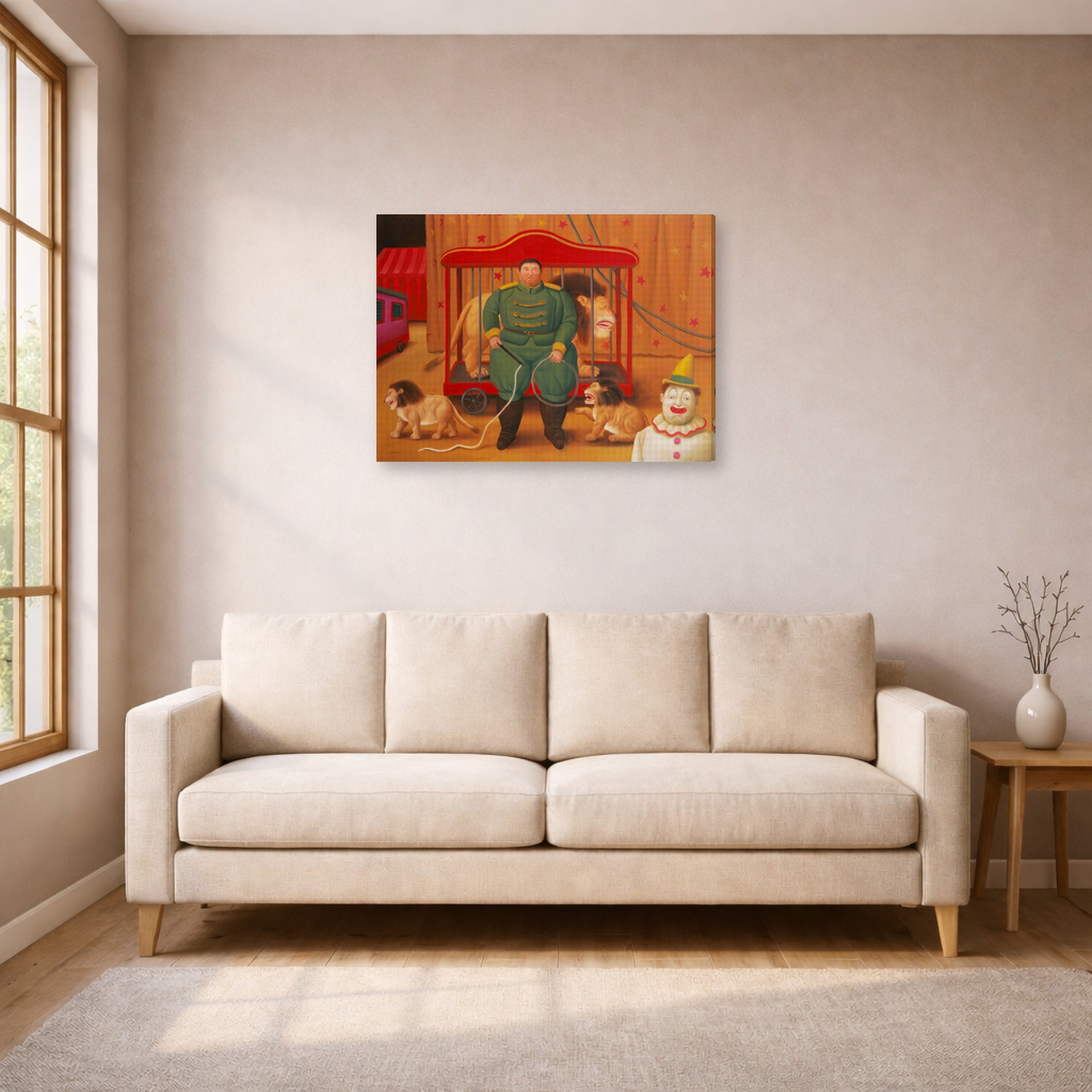 Gallery-wrapped canvas print of Fernando Botero's Trainer with Baby Lions displayed on a wall in a living room
