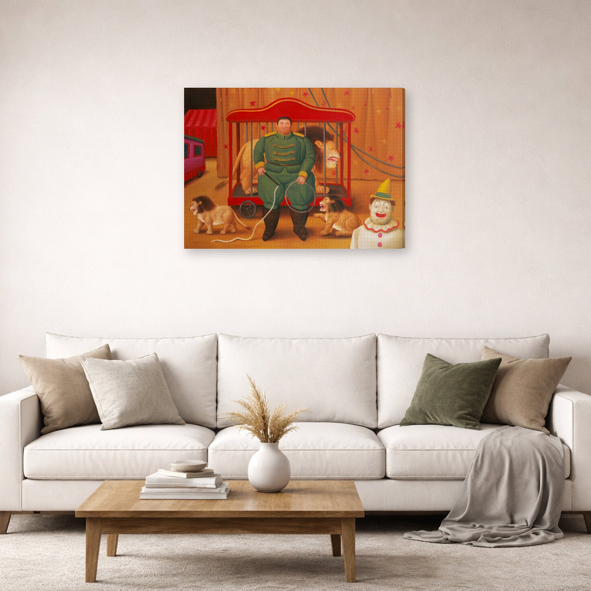 Gallery-wrapped canvas print of Fernando Botero's Trainer with Baby Lions displayed on a wall in a living room