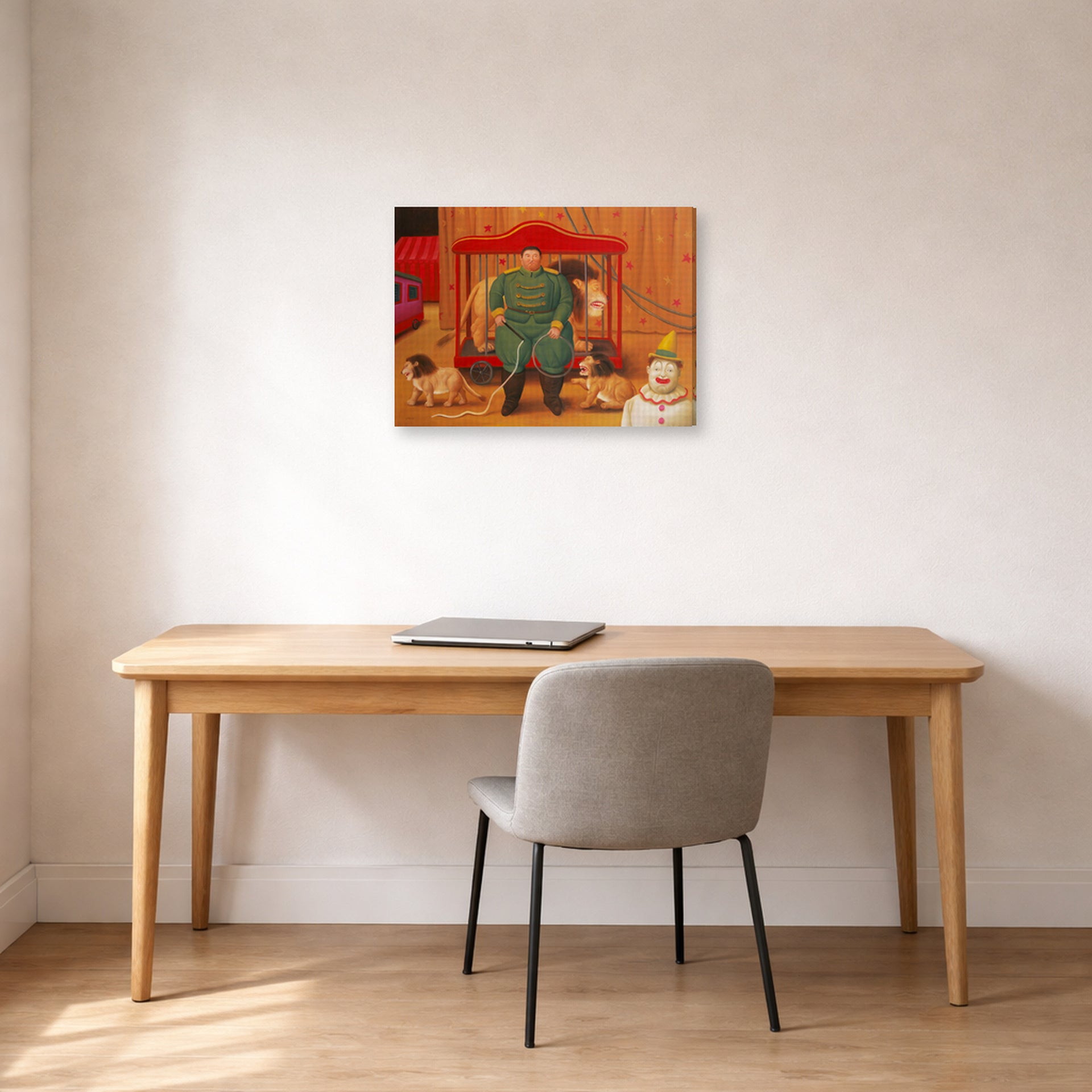 Gallery-wrapped canvas print of Fernando Botero's Trainer with Baby Lions displayed on a wall in a home office