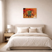 Unframed poster print of Fernando Botero's Trainer with Baby Lions displayed on a wall in a bedroom