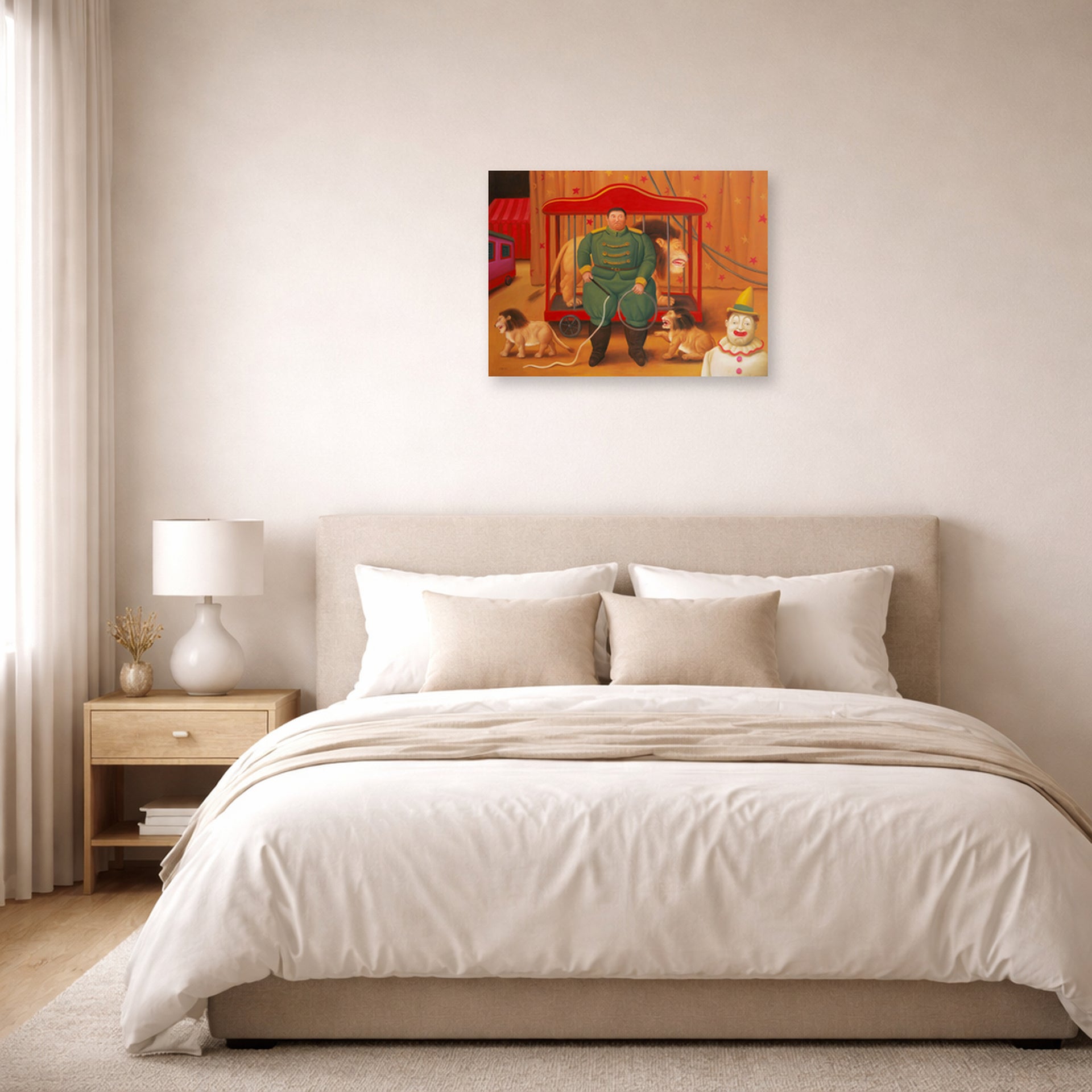 Unframed poster print of Fernando Botero's Trainer with Baby Lions displayed on a wall in a bedroom