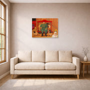 Unframed poster print of Fernando Botero's Trainer with Baby Lions displayed on a wall in a living room