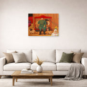 Unframed poster print of Fernando Botero's Trainer with Baby Lions displayed on a wall in a living room