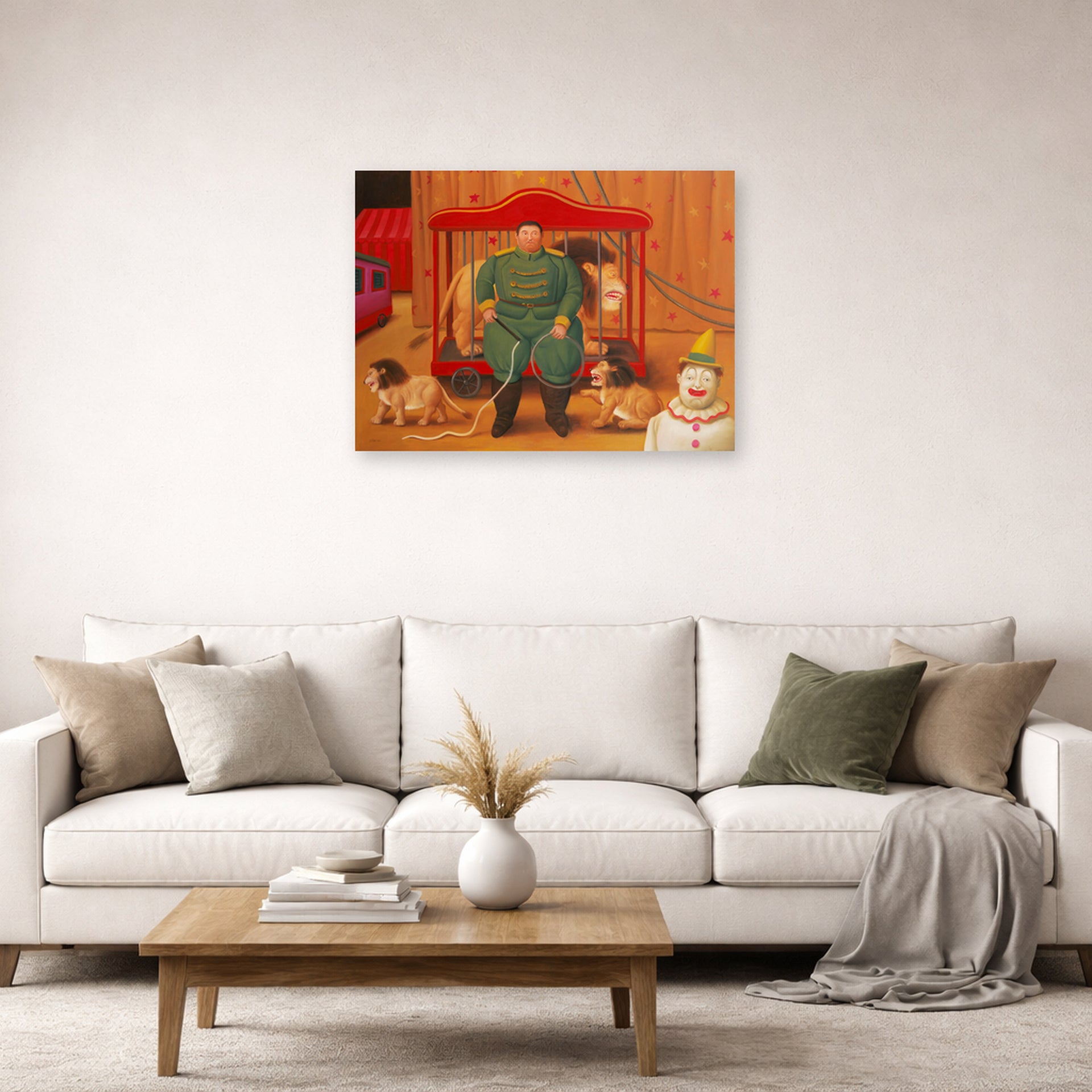 Unframed poster print of Fernando Botero's Trainer with Baby Lions displayed on a wall in a living room