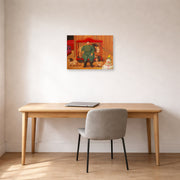 Unframed poster print of Fernando Botero's Trainer with Baby Lions displayed on a wall in a home office