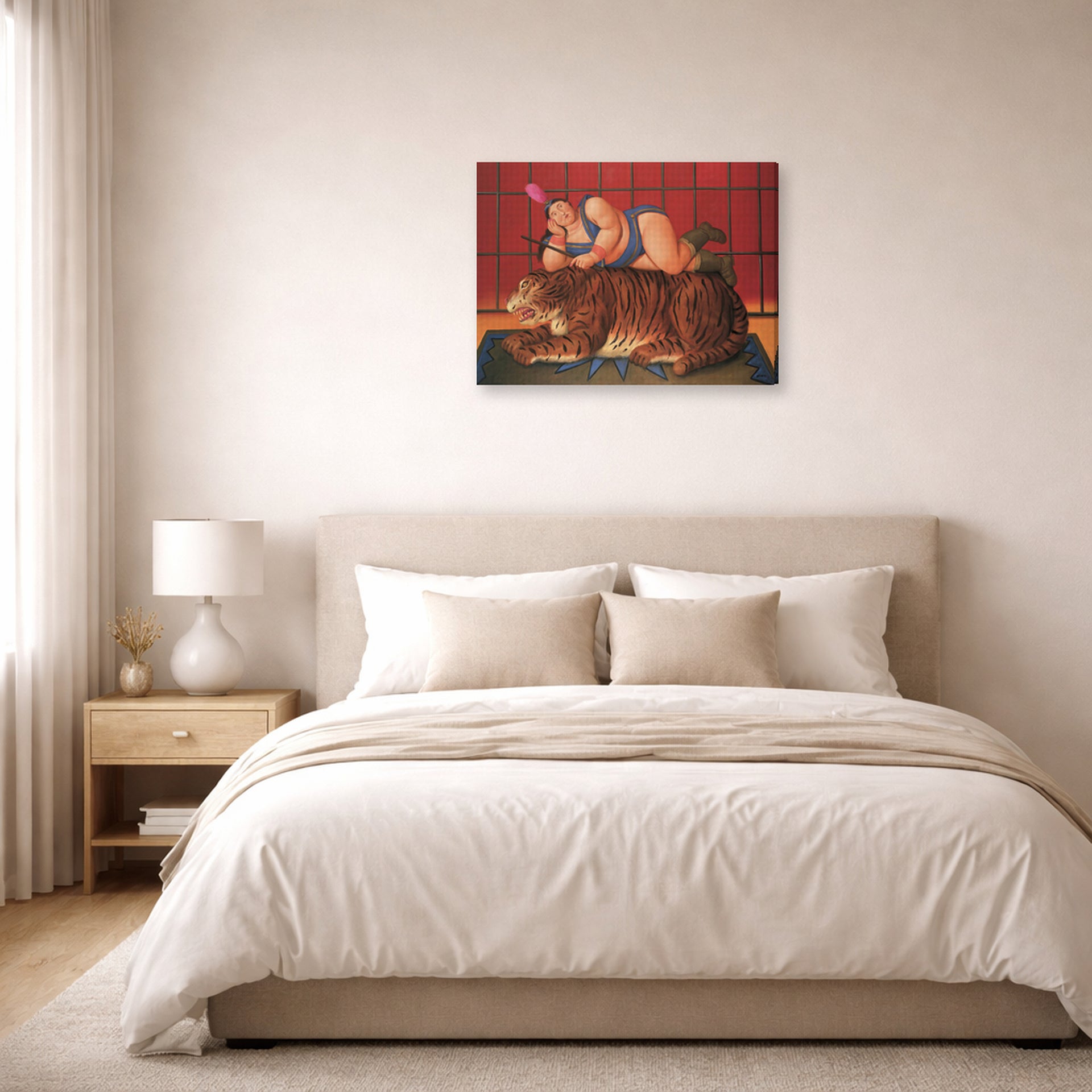 Gallery-wrapped canvas print of Fernando Botero's Trainer with Tiger displayed on a wall in a bedroom