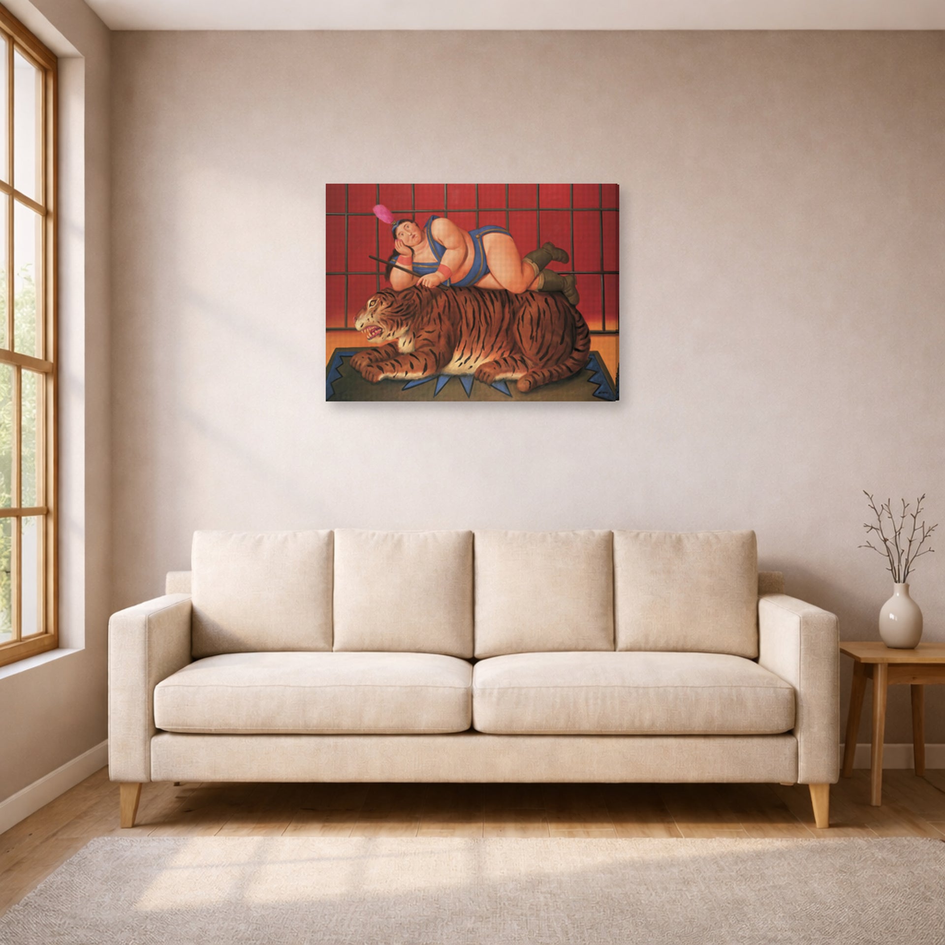 Gallery-wrapped canvas print of Fernando Botero's Trainer with Tiger displayed on a wall in a living room