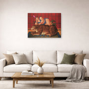 Gallery-wrapped canvas print of Fernando Botero's Trainer with Tiger displayed on a wall in a living room