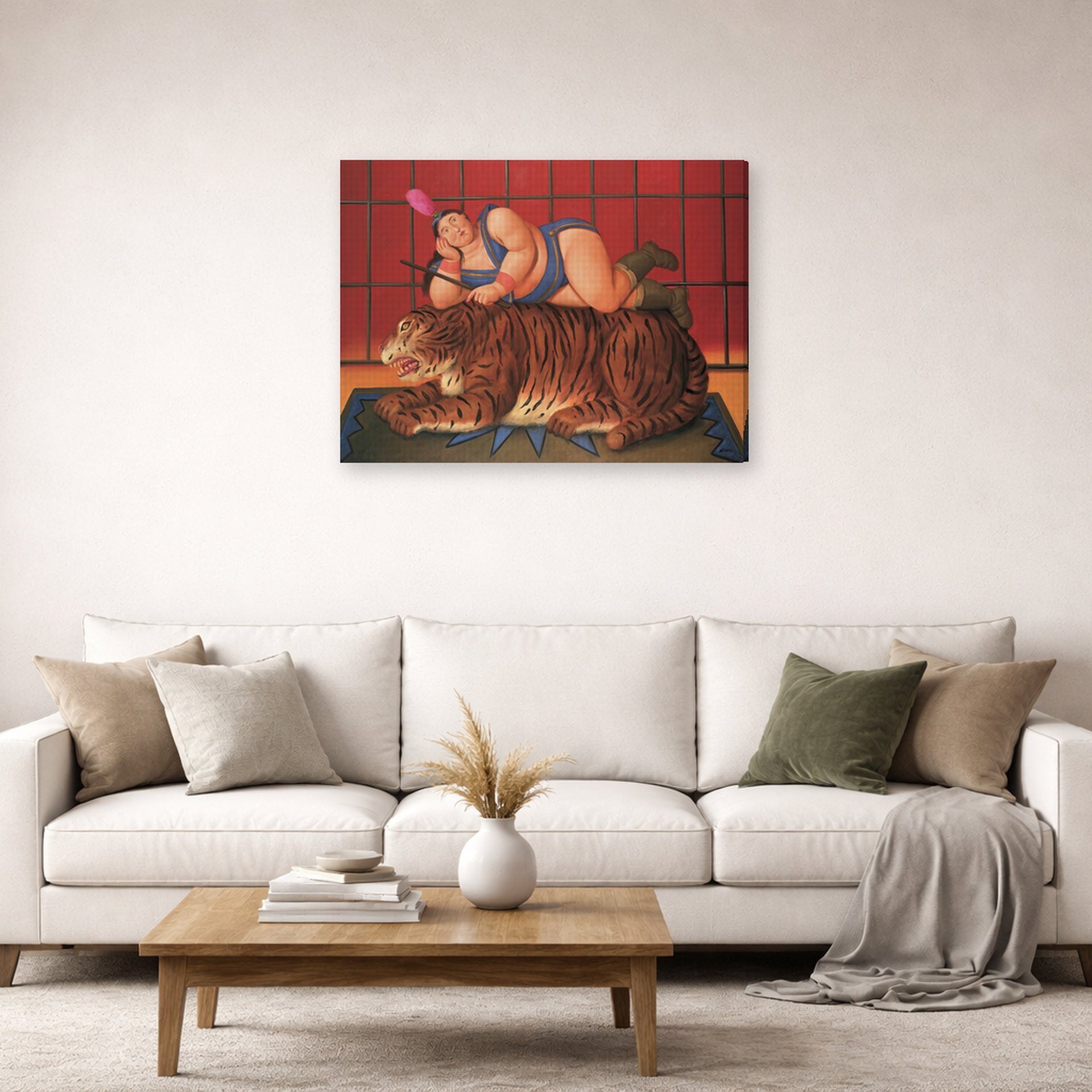 Gallery-wrapped canvas print of Fernando Botero's Trainer with Tiger displayed on a wall in a living room