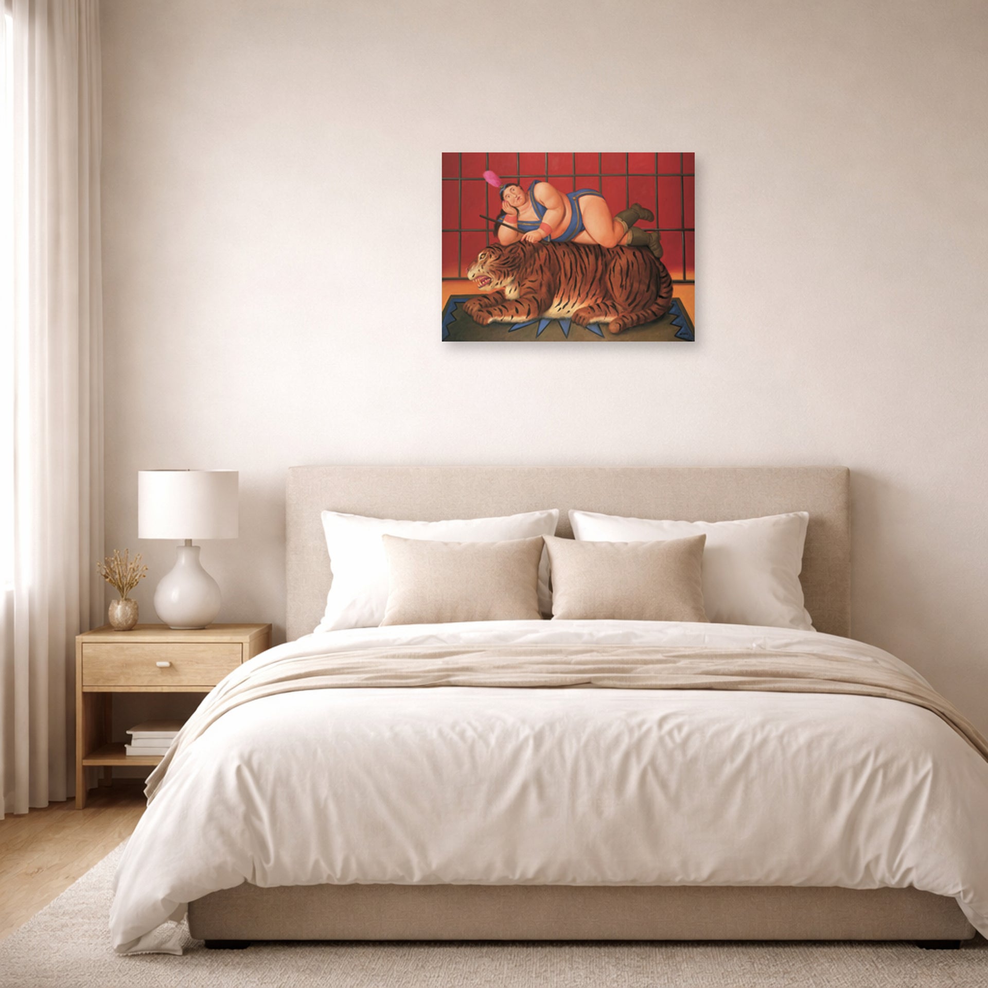 Unframed poster print of Fernando Botero's Trainer with Tiger displayed on a wall in a bedroom