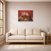 Unframed poster print of Fernando Botero's Trainer with Tiger displayed on a wall in a living room