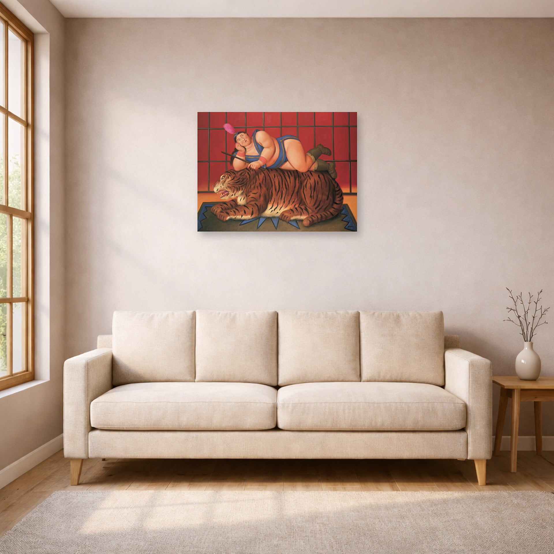 Unframed poster print of Fernando Botero's Trainer with Tiger displayed on a wall in a living room