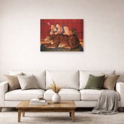 Unframed poster print of Fernando Botero's Trainer with Tiger displayed on a wall in a living room