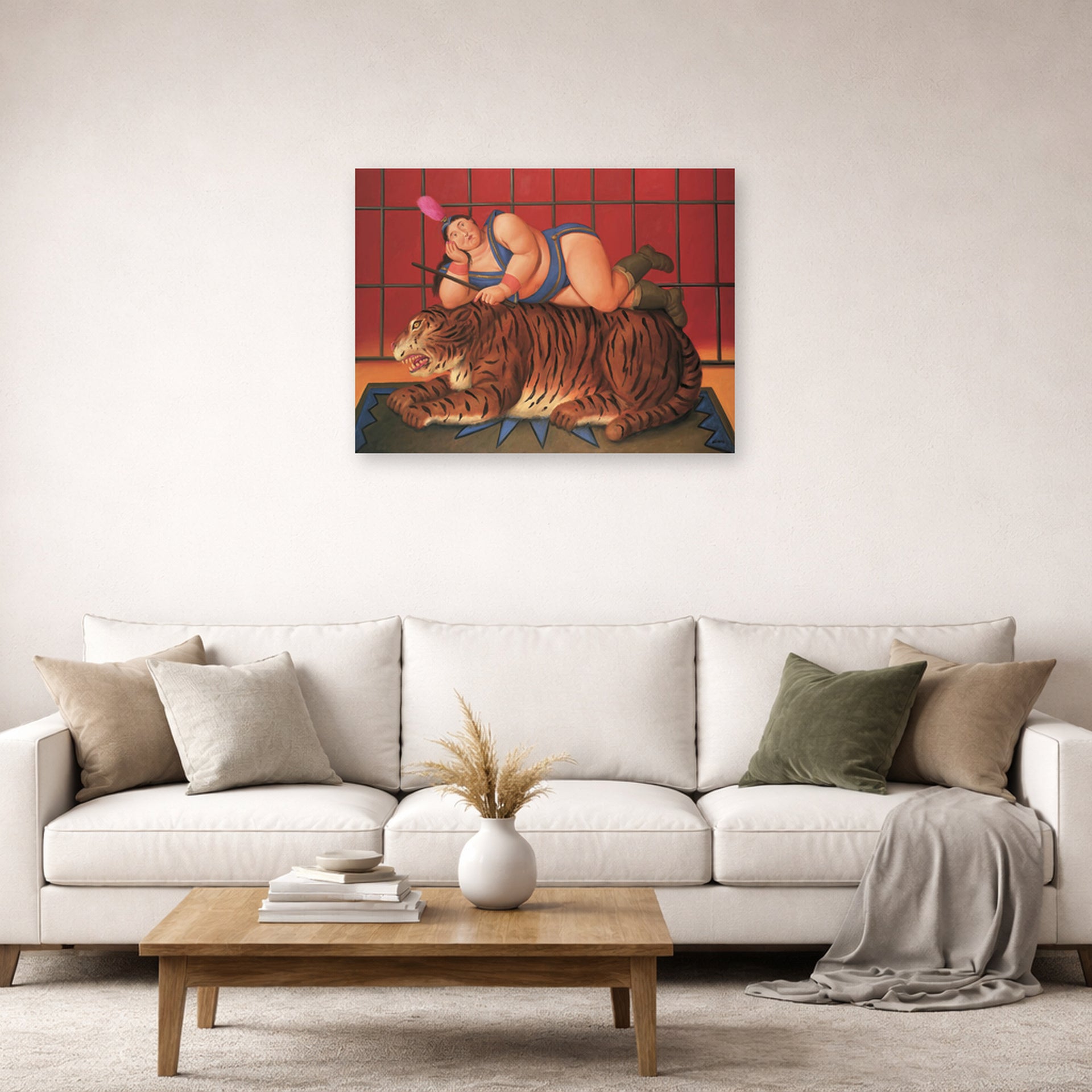 Unframed poster print of Fernando Botero's Trainer with Tiger displayed on a wall in a living room