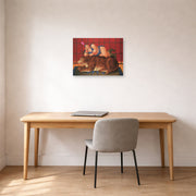 Unframed poster print of Fernando Botero's Trainer with Tiger displayed on a wall in a home office