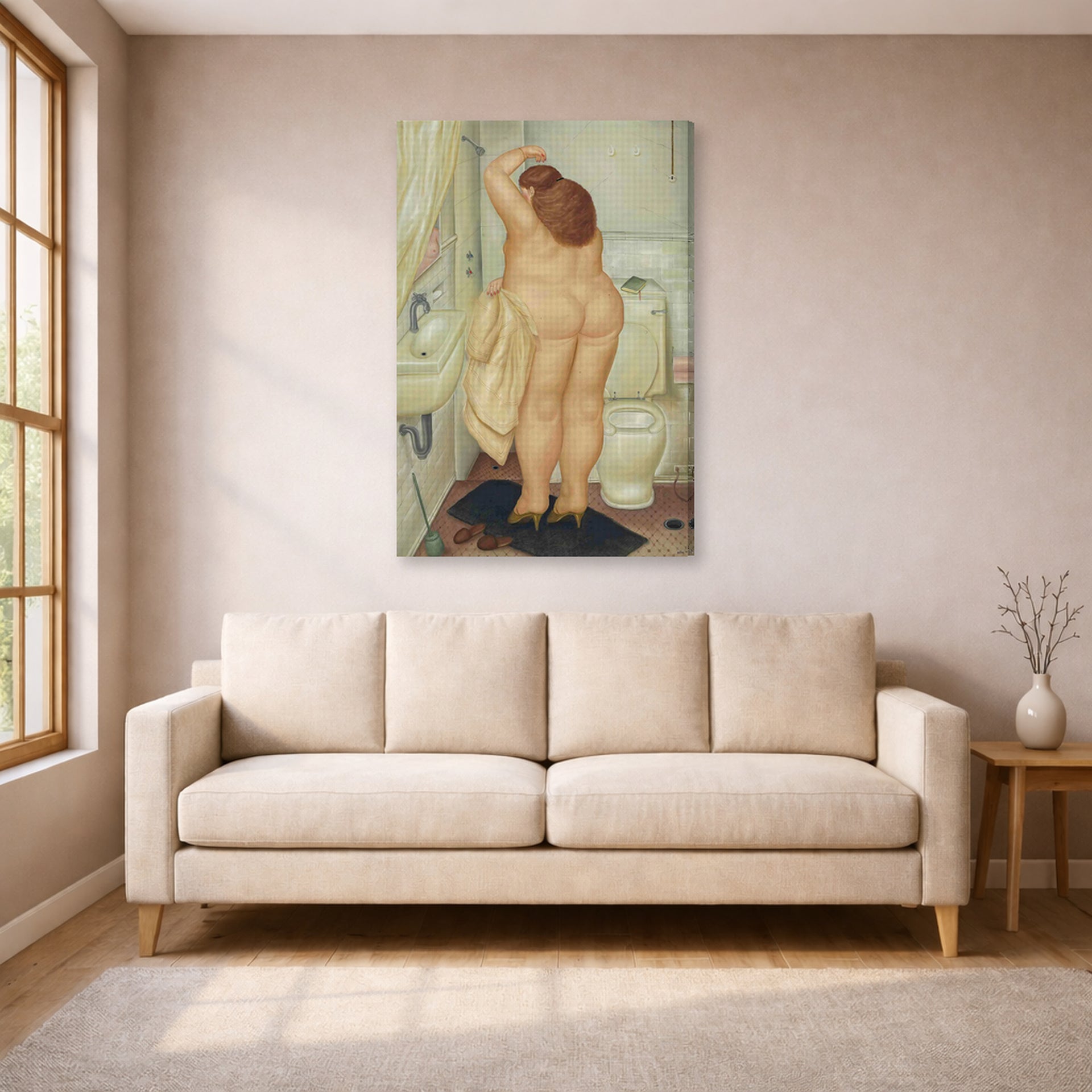 Gallery-wrapped canvas print of Fernando Botero's ( Tribute to Bonnard displayed on a wall in a living room