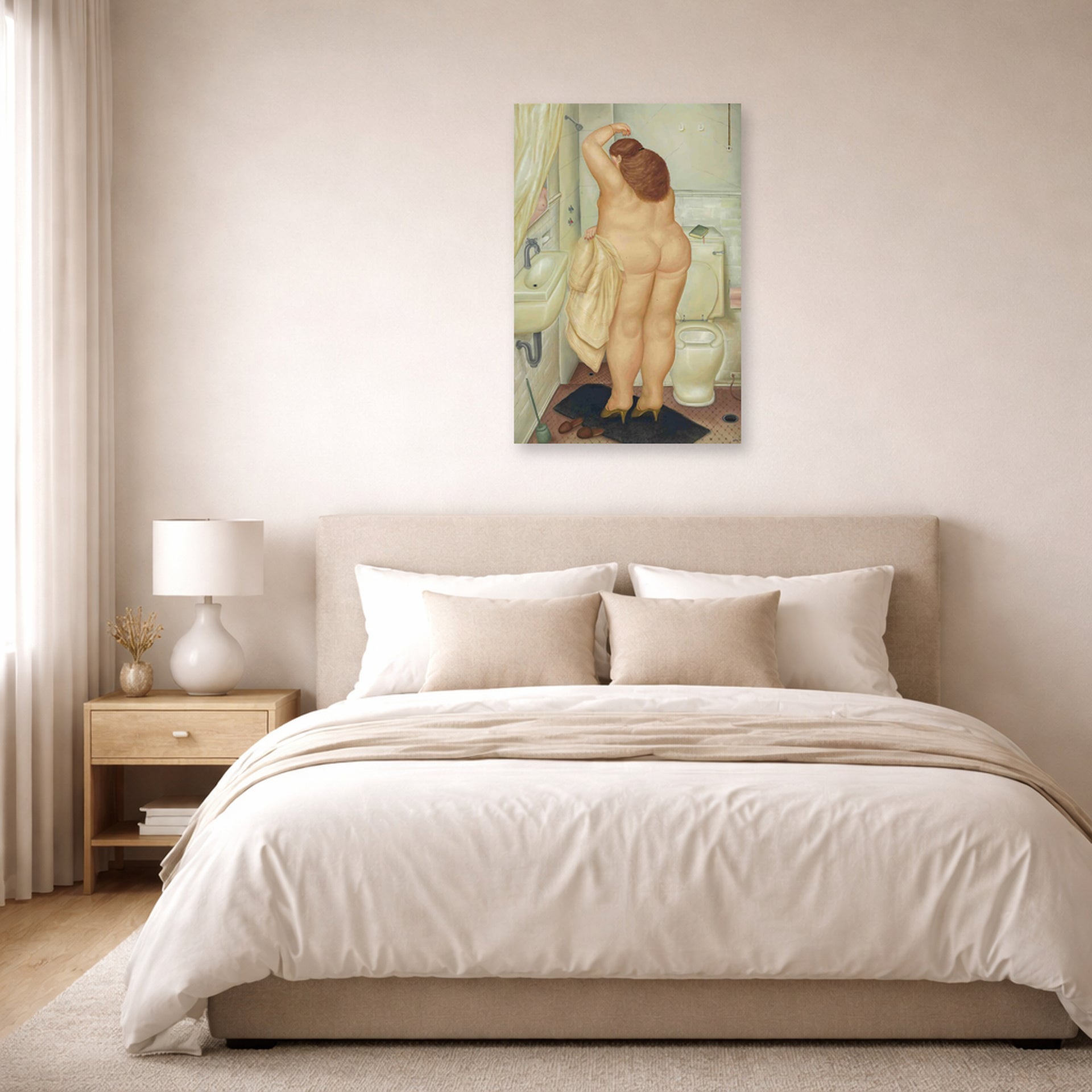 Unframed poster print of Fernando Botero's ( Tribute to Bonnard displayed on a wall in a bedroom