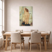 Unframed poster print of Fernando Botero's ( Tribute to Bonnard displayed on a wall in a dining room