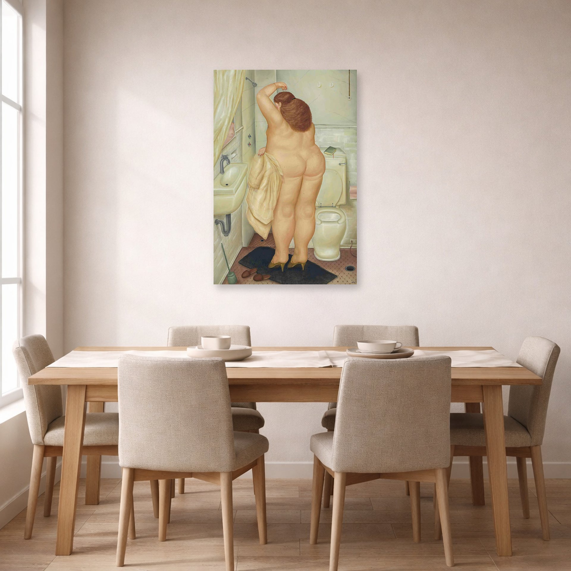 Unframed poster print of Fernando Botero's ( Tribute to Bonnard displayed on a wall in a dining room