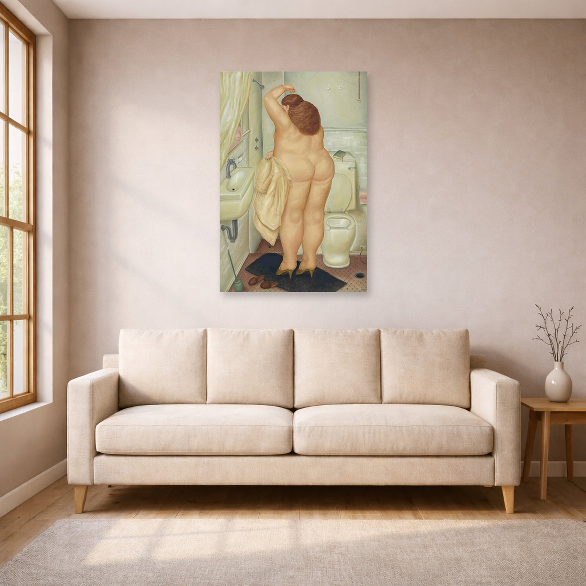 Unframed poster print of Fernando Botero's ( Tribute to Bonnard displayed on a wall in a living room