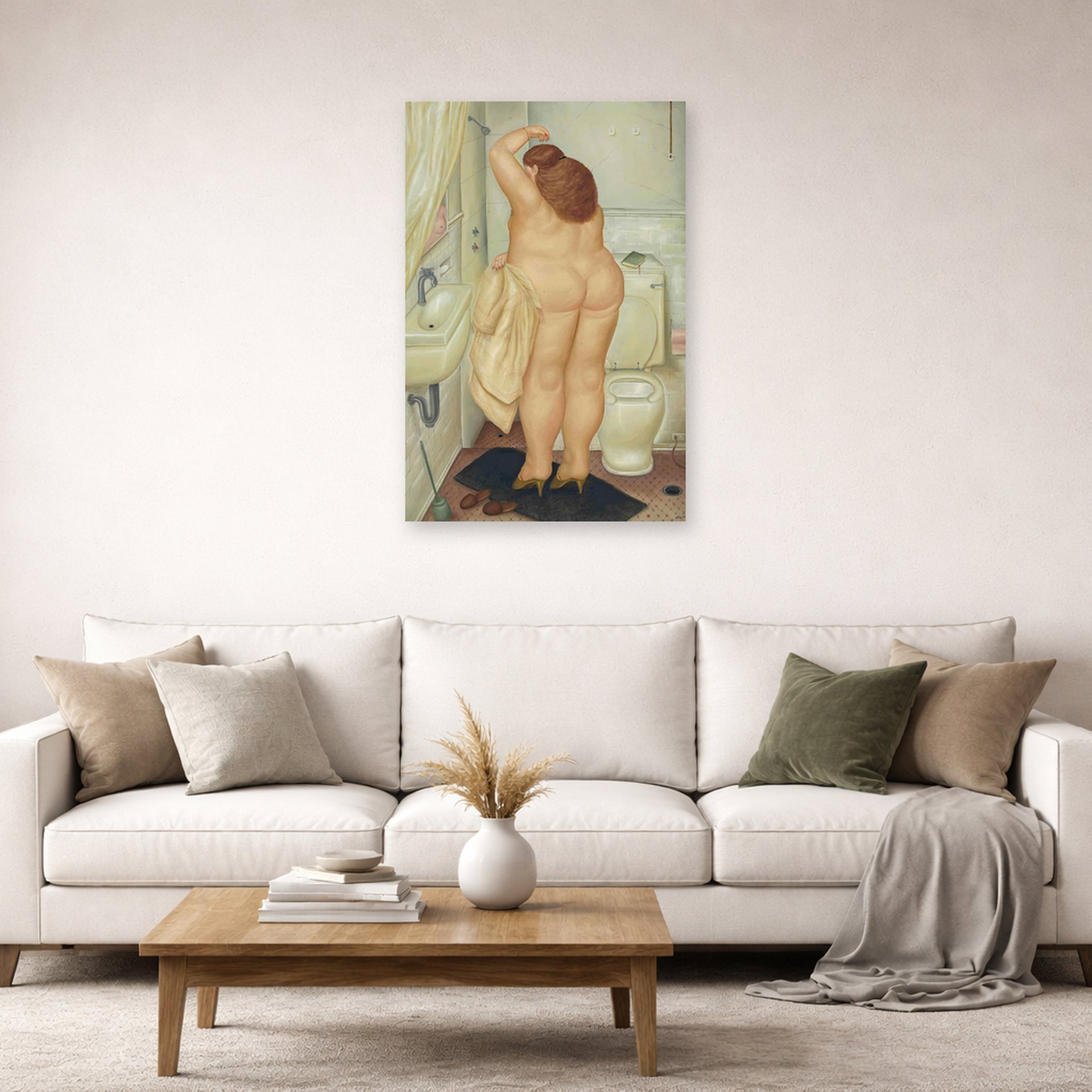 Unframed poster print of Fernando Botero's ( Tribute to Bonnard displayed on a wall in a living room