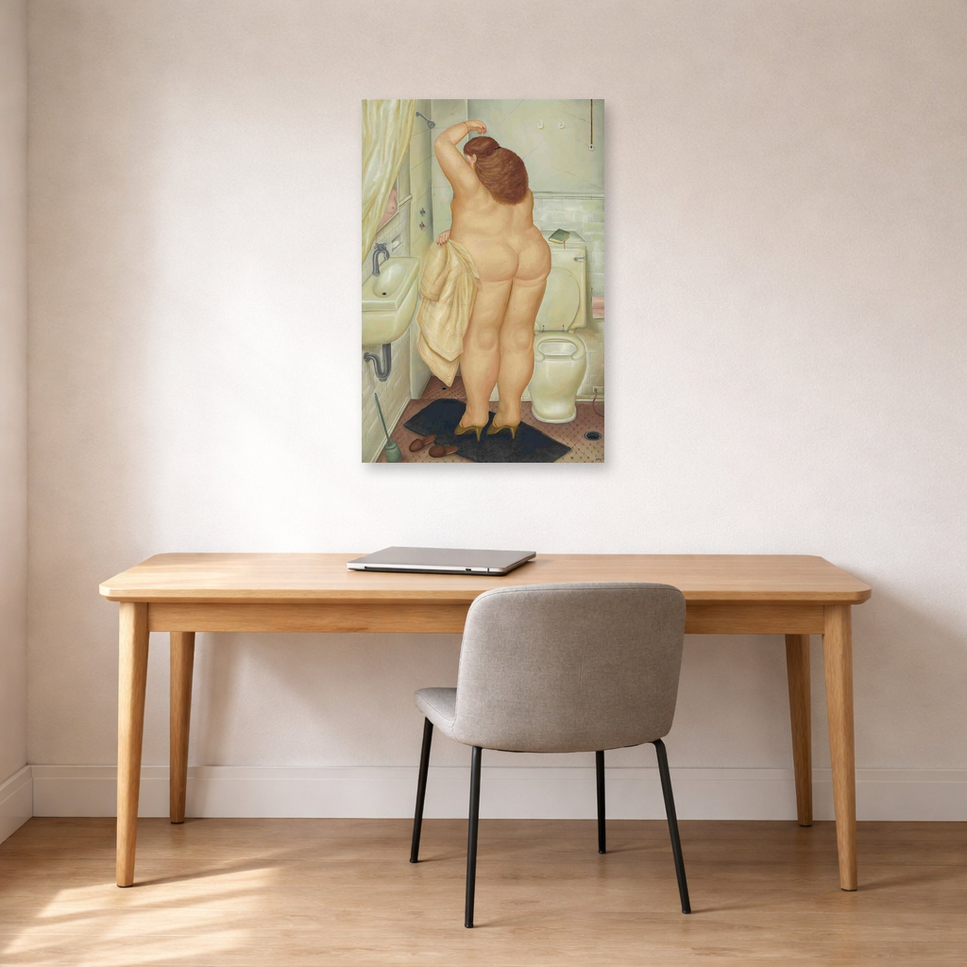 Unframed poster print of Fernando Botero's ( Tribute to Bonnard displayed on a wall in a home office