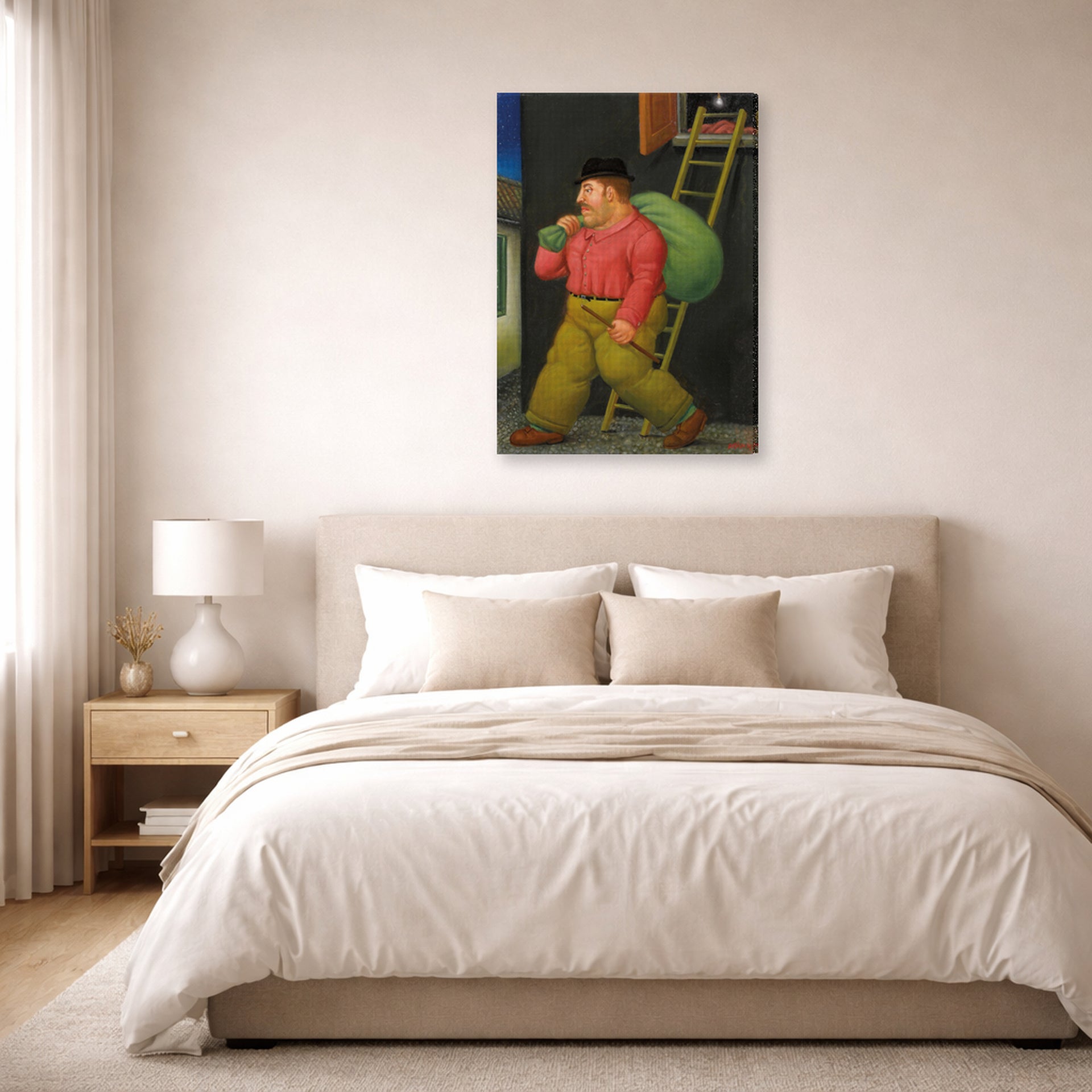 Gallery-wrapped canvas print of Fernando Botero's Un ladron (A thief) displayed on a wall in a bedroom