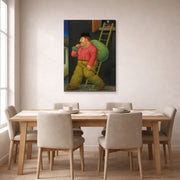 Gallery-wrapped canvas print of Fernando Botero's Un ladron (A thief) displayed on a wall in a dining room