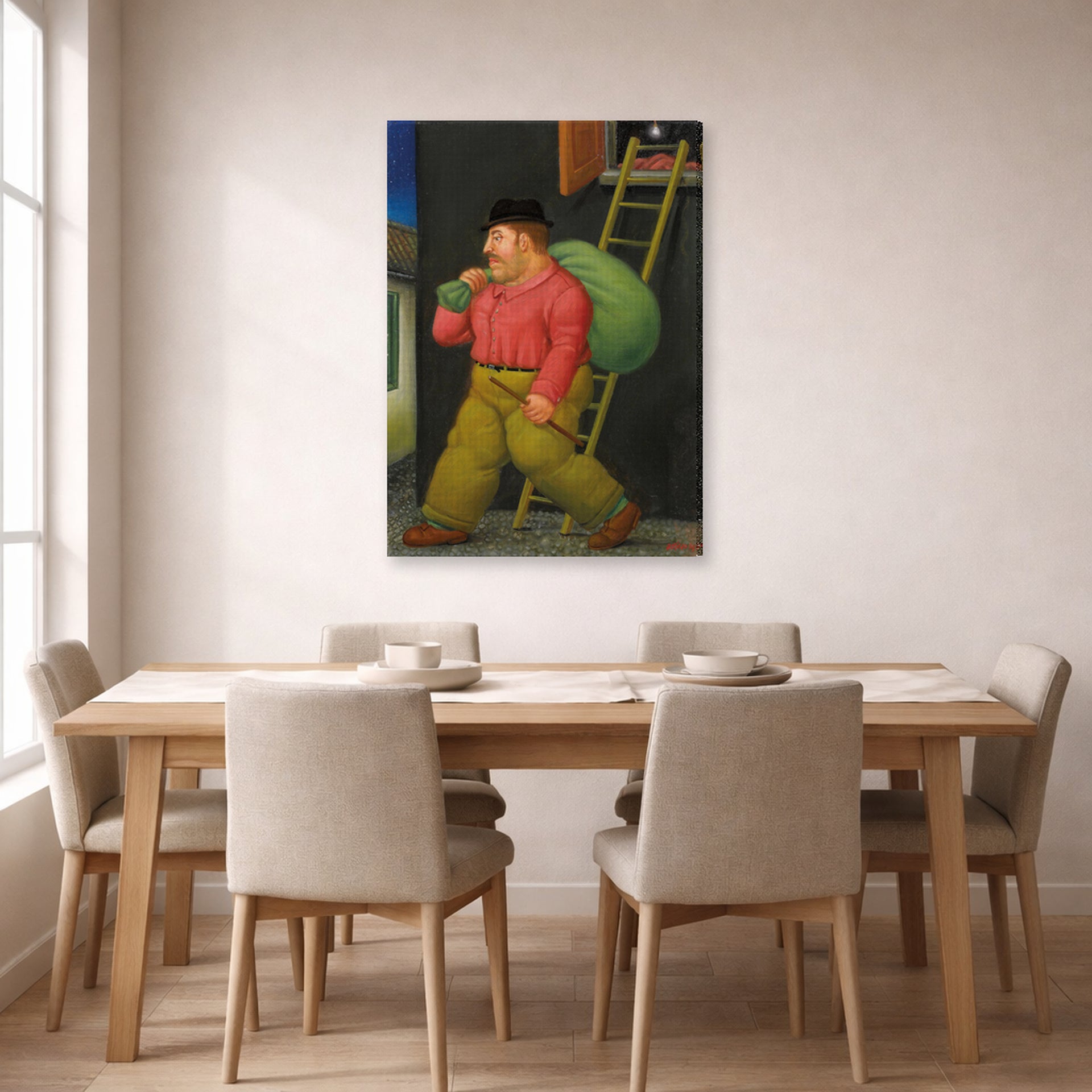 Gallery-wrapped canvas print of Fernando Botero's Un ladron (A thief) displayed on a wall in a dining room