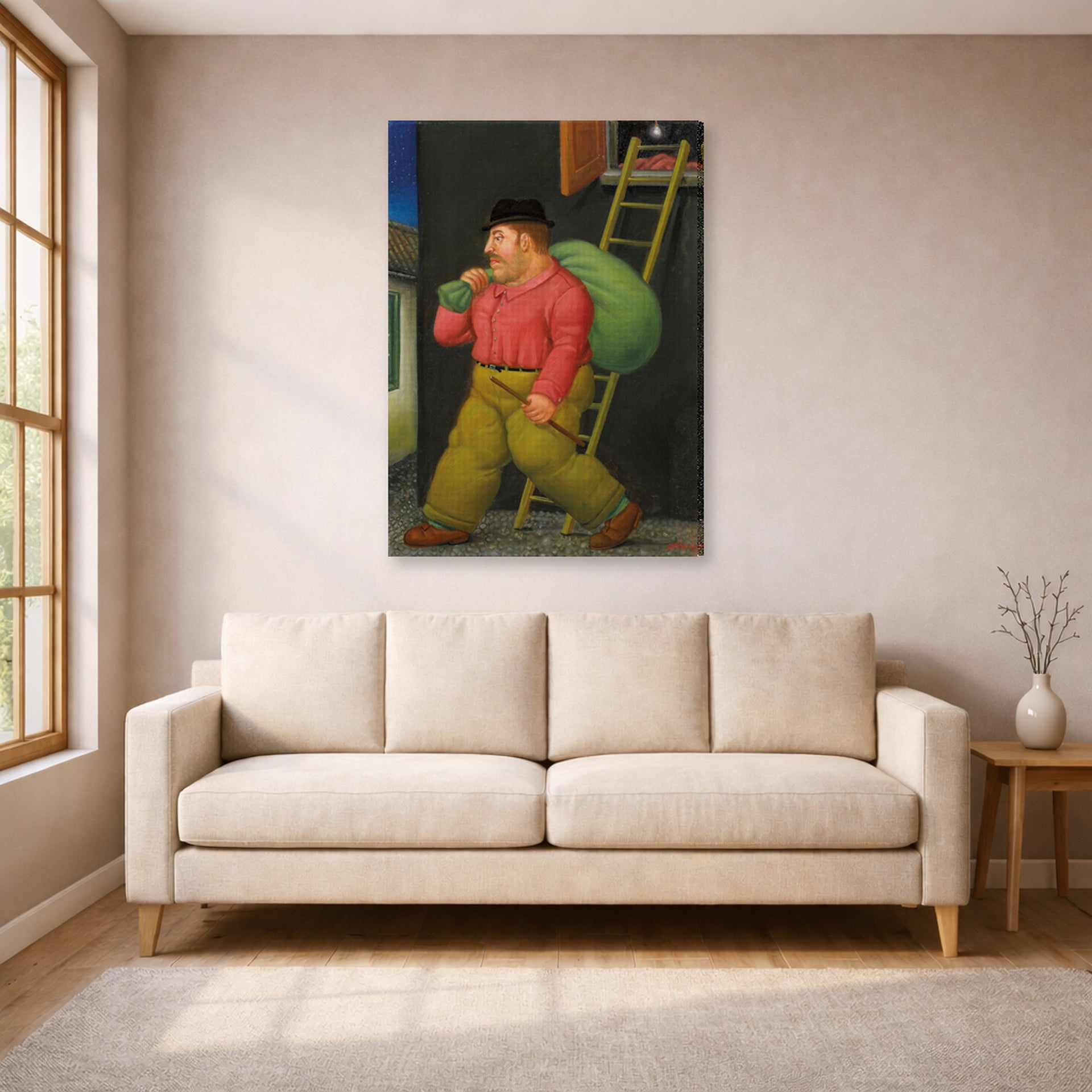 Gallery-wrapped canvas print of Fernando Botero's Un ladron (A thief) displayed on a wall in a living room