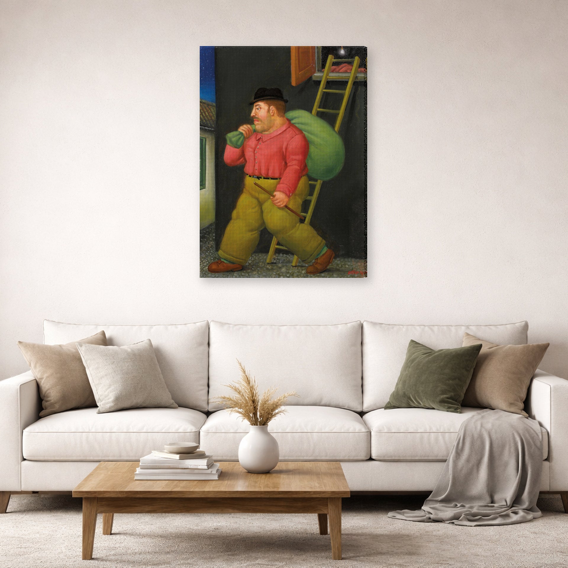 Gallery-wrapped canvas print of Fernando Botero's Un ladron (A thief) displayed on a wall in a living room