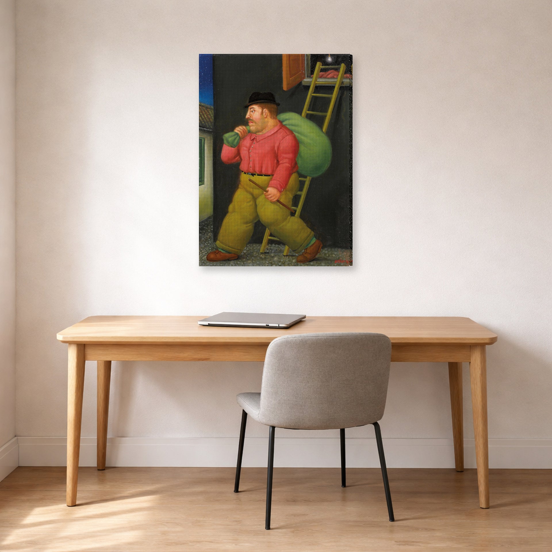 Gallery-wrapped canvas print of Fernando Botero's Un ladron (A thief) displayed on a wall in a home office