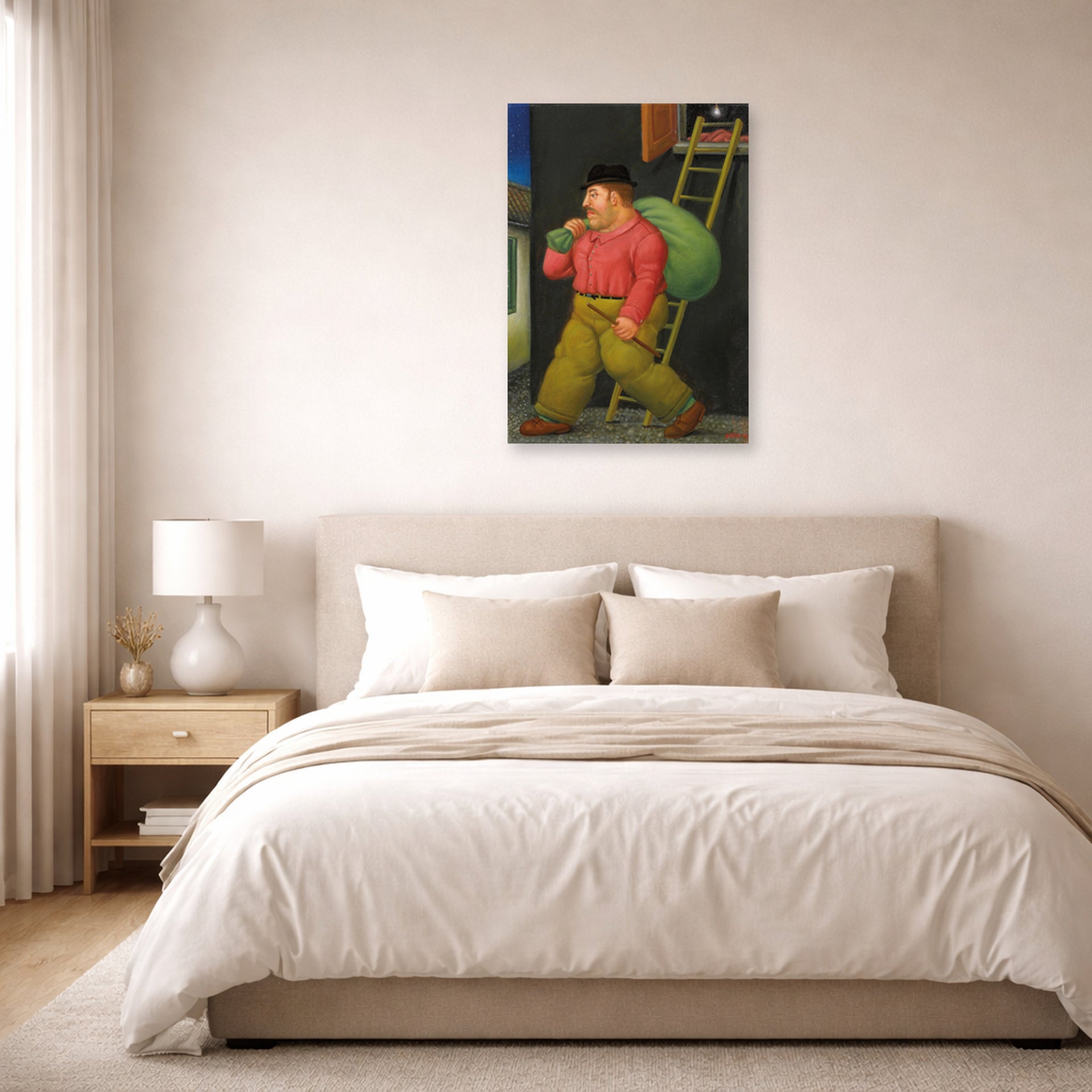 Unframed poster print of Fernando Botero's Un ladron (A thief) displayed on a wall in a bedroom