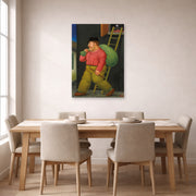 Unframed poster print of Fernando Botero's Un ladron (A thief) displayed on a wall in a dining room