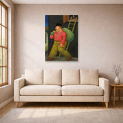 Unframed poster print of Fernando Botero's Un ladron (A thief) displayed on a wall in a living room