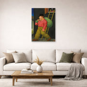 Unframed poster print of Fernando Botero's Un ladron (A thief) displayed on a wall in a living room