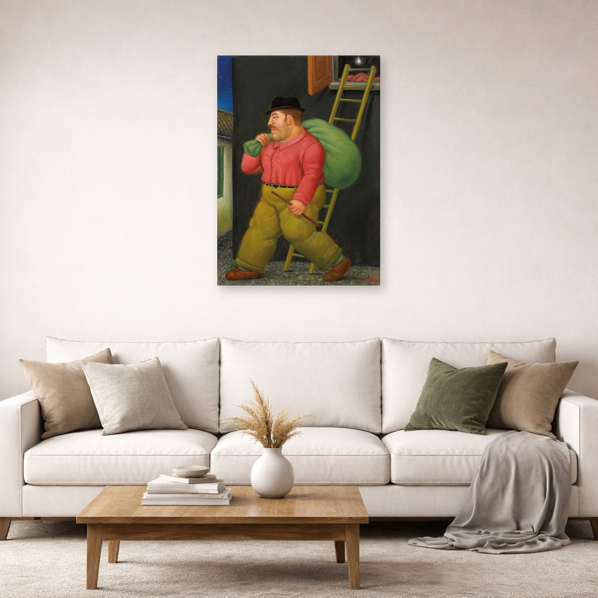 Unframed poster print of Fernando Botero's Un ladron (A thief) displayed on a wall in a living room